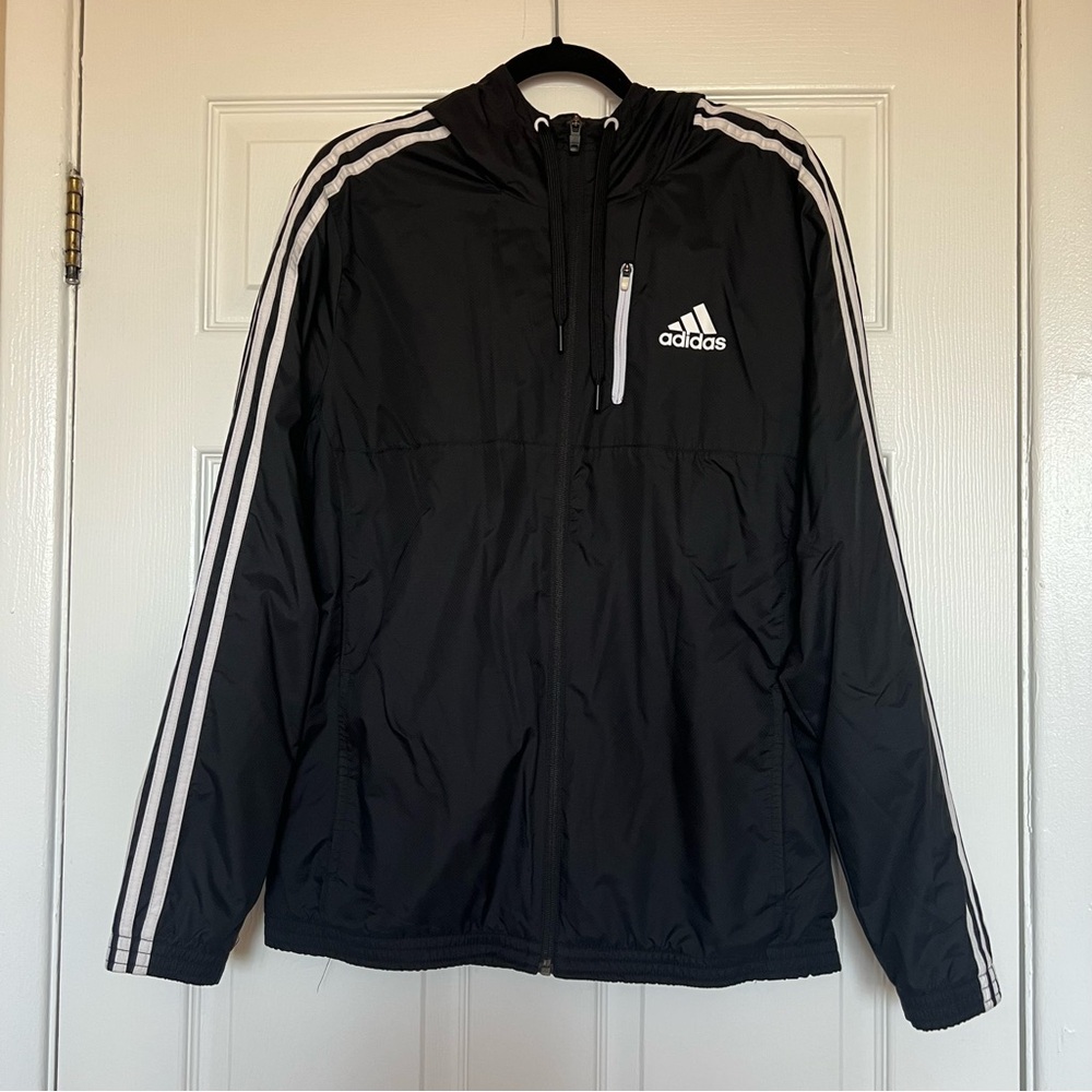 Adidas Men's Black Windbreaker with White Stripes
